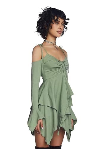 Dolls Kill F is for Fairies Dress by Current Mood | Fairycore Mini Dress with Off-Shoulder Sleeves, Tie Straps, and Ruched Bust thumbnail 4