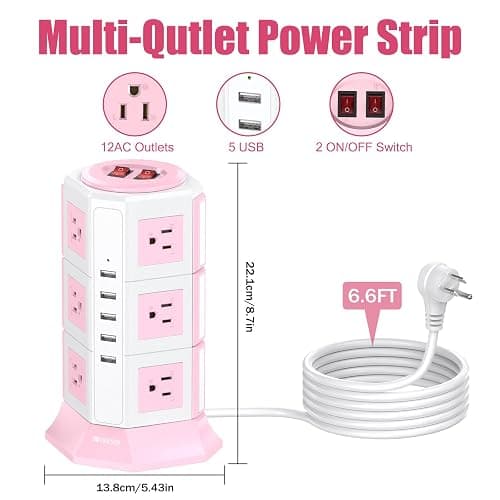 Pink Tower Power Strip with Surge Protection | HITRENDS 12 AC Outlets + 5 USB Ports | 16AWG/ 6.5 Ft Extension Cord with Multiple Outlets | Space-Saving Design for Office & Home(1625W, 1050J) thumbnail 2
