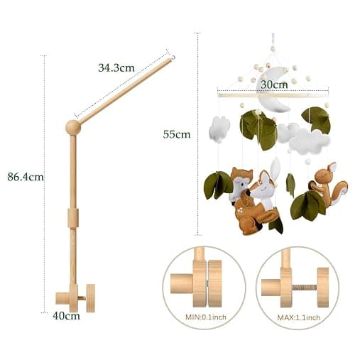 FEISIKE Woodland Animals Theme Bassinet Baby Nursery Mobiles with Modes Digital Music Box 3In1 Set-34 Inch Wooden Mobile Arm for Crib Mobile Hanger for Crib Baby Nursery Decor thumbnail 7