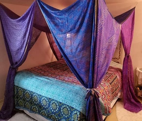 Bed Canopy Curtains Boho Curtains Bohemian Blue Decor India Silk Sari Saree Made to Order Queen Purple Over Bed Tent (Twin(39''x78''x78'')) Multi - Image 1