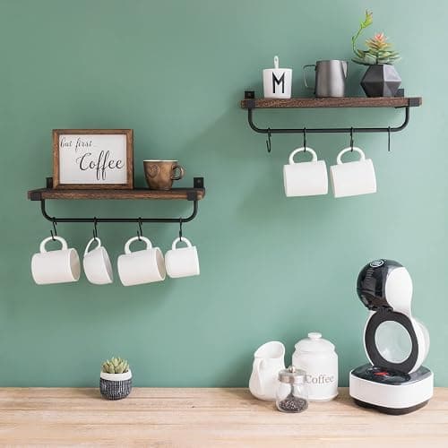 Mkono Mug Holder Wall Mounted Coffee Mug Rack Set of 2 Rustic Floating Shelf for Coffee Bar Accessories Wood Tea Cup Hooks Hanger for Organizing Cooking Utensils, Home Kitchen Decor, Brown thumbnail 7