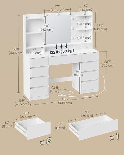 SONGMICS HOME Vanity Desk with Mirror and Lights, Makeup Vanity Table with Power Outlets, 9 Drawers Storage Dressing Table for Bedroom, White thumbnail 3