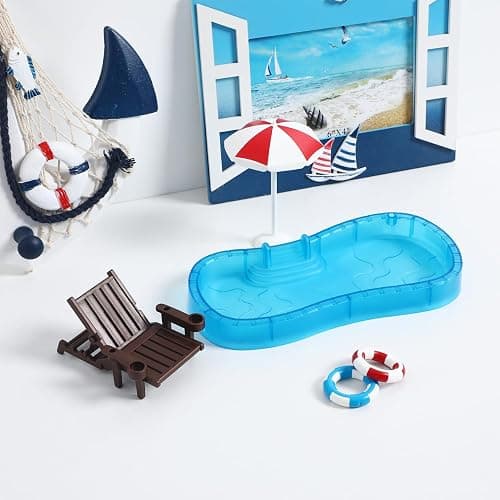 Abaodam Beach Mini House Decoration, Mini Swim Pool with Ring Chair Umbrella, Summer Seaside Miniatures Beach Swimming Pool Set for Crafts Dollhouse Scene Decor thumbnail 2