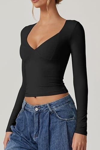 QINSEN Women's Long Sleeve V Neck T Shirts Double Lined Crop Top Seamed Cup Going Out Tops thumbnail 4