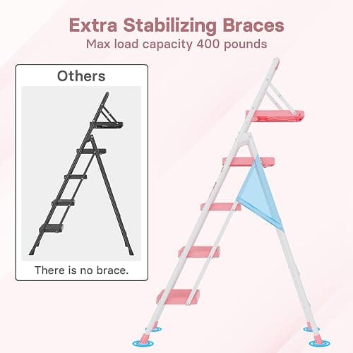 BONTEC 4-Step Ladder, Folding Step Stool, 600lbs Max Load, Pink | Tool Tray, Anti-Slip Pedals, Sturdy Steel, Lightweight Portable Design with Handrail for Home & Work Use thumbnail 7