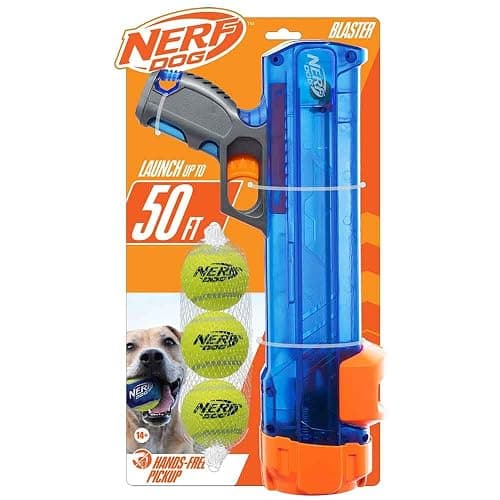 Nerf Dog Tennis Ball Blaster Dog Toy Gift Set, Tennis Ball Dog Fetch Toy Launches up to 50 ft, Dog Ball Thrower for All Breeds Includes Translucent Blue Tennis Ball Launcher and 3 Dog Tennis Balls - Image 1