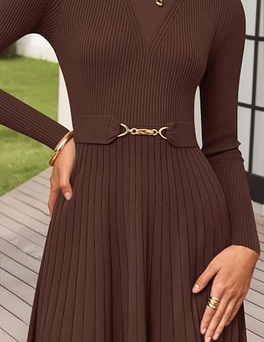 ZESICA Women's Long Sleeve Midi Sweater Dress 2025 Fall Crewneck Knit A Line Pleated Flowy Long Dresses with Belt thumbnail 4
