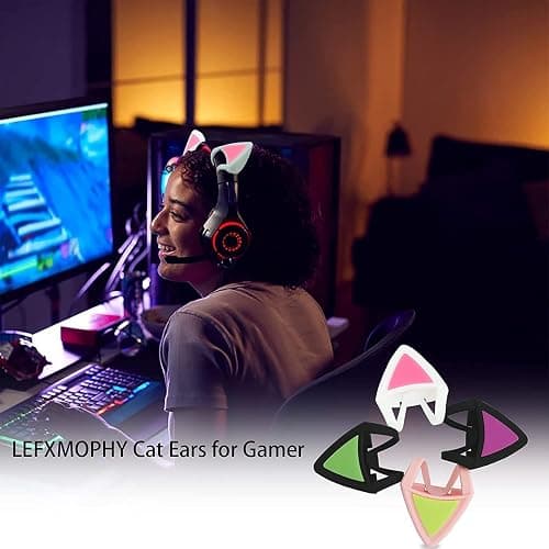 LEFXMOPHY Gamer Headphones Cat Ears Kitty Ear Replacement for Razer/HyperX/Logitech/Astro Gaming Headset, Silicone Adjustable Straps Attachment Accessory for Girl Glow in Dark, Black/Purple thumbnail 2