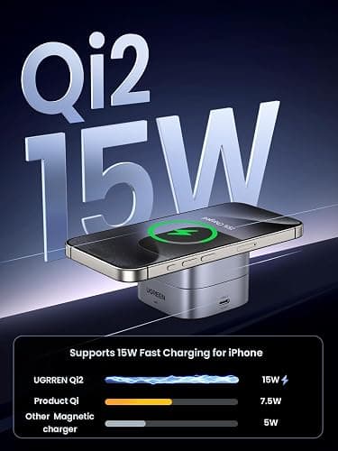 UGREEN MagFlow Qi2 Magnetic Foldable Charging Station, 2-in-1 Fast Wireless Charger Compatible with iPhone 17/17 Air/17 Pro/17 Pro Max 16 15 14 13 12, Airpods3 2 Pro (No AC Adapter), Dark Grey thumbnail 2