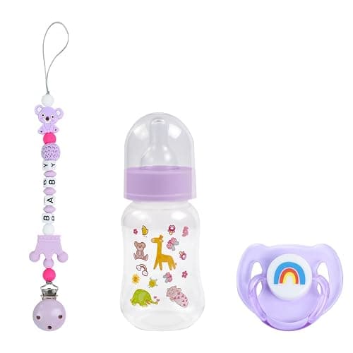 SCOM Reborn Baby Doll Accessories Set - Koala Silicone Pacifier Clips & Rainbow Magnetic Pacifiers & Removable Reusable Baby Doll Bottles for Reallife Realistic Dolls Girls Boys, Purple Style, 3 Pcs - Image 1