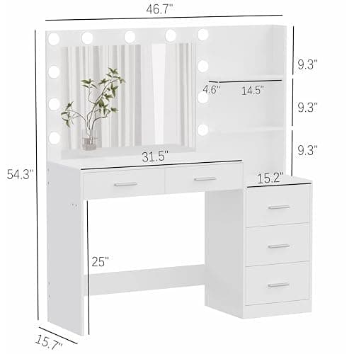 Rovaurx 46.7" Makeup Vanity Table with Lighted Mirror, Large Vanity Desk with Storage Shelf & 5 Drawers, Bedroom Dressing Table, 11 LED Lights, White - White thumbnail 2