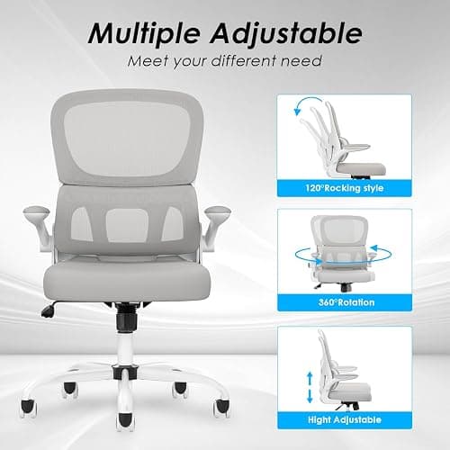 Soohow Office Chair, Mesh Ergonomic Office Chair with Lumbar Support, Comfy Computer Desk Chair with Flip Armrest Rolling Wheels for Home Study Room Office, White & Gray - Grey - Normal thumbnail 6
