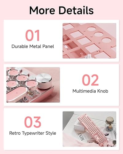 EWEADN Typewriter Style Mechanical Keyboard, Wired Typewriter Keyboards,104 Keys Backlit LED Metal Keyboards, Media Control Knob, Wired Computer Keyboard White Switch for Windows/Mac/PC-Dark Pink thumbnail 7