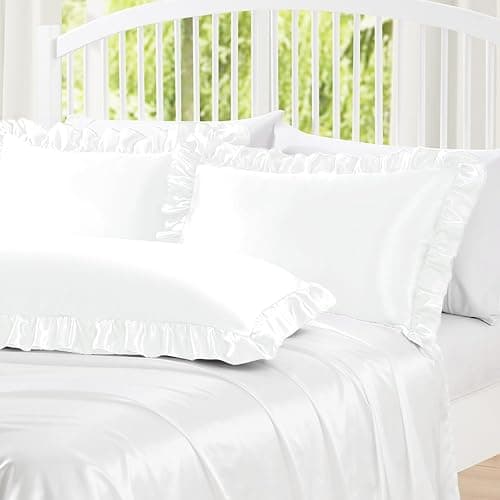 Homiest Ruffle Satin Pillowcase for Hair and Skin, Standard Size Satin Pillow Covers Silky Pillow Cases Set of 2, Satin Ruffled Pillowcase with Envelope Closure, Anti Wrinkle Pillow Shams (White) - Standard - 20 x 26 Inch - White thumbnail 4