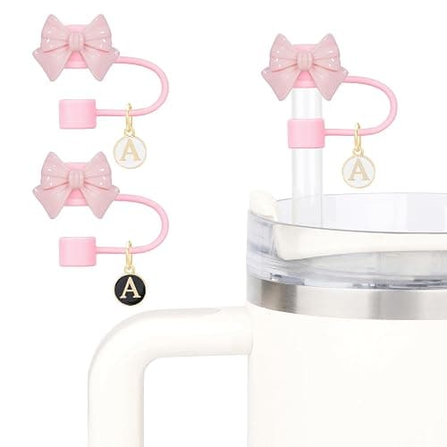 Cute Bow Straw Cover for Stanley Cup With 2 Initial Letter Charms Name ID Accessories Compatible With Stanley 30&40 OZ 10mm Straw Topper, Drinking Straw Covers Cap for Tumble Cups (Pink Bow+A) - Image 1