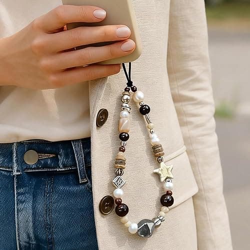 Vintage Brown Beaded Phone Charm Wrist Strap Star Heart Pearl Phone Chain Wristlet Short Camera Charm Strap Cute Beaded Wristlet Keychain Cellphone Charms Aesthetic Cellphone Wrist Lanyard for Women thumbnail 4