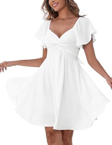 Florboom Women's Sweetheart Knot Front Dress Flutter Sleeve Tie Back A-Line Chiffon Mini Dresses - Image 1