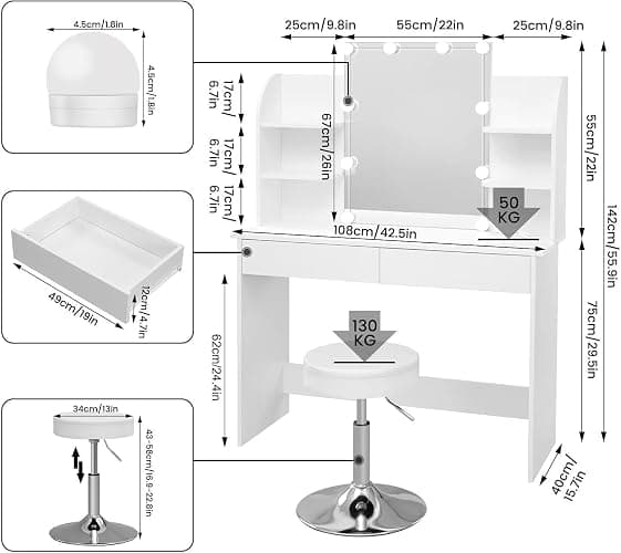 WOLTU Coiffeuse avec Miroir LED, Coiffeuse avec Tabouret Réglable en Hauteur, Table de Maquillage avec 2 Tiroirs 4 Étagères Ouvertes, 108x40x142cm, Bureau Coiffeuse Blanche en Bois, MB6106ws thumbnail 2