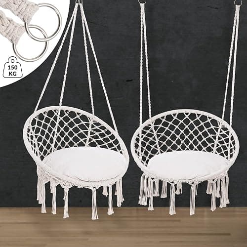DETEX® Boho Style Hanging Circular Chair | 60cm Diameter Round Seat 150kg Capacity with 2 Cushions | Weatherproof 360° Swing Seat Galvanised Steel Cotton Indoor Outdoor | Cream thumbnail 3