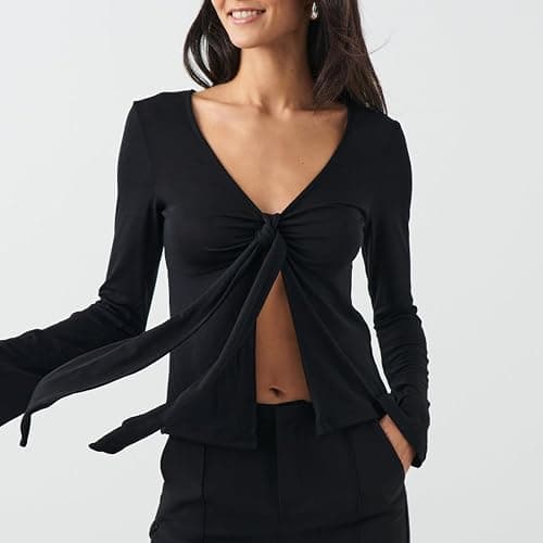 Owegvia Women Long Sleeve V Neck Solid Color Trendy T-Shirt Tie Up Bow Basic Shirt Blouses for Streetwear Aesthetic Clothes thumbnail 3