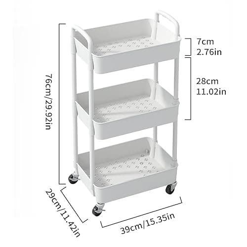 Sywhitta 3-Tier Plastic Rolling Utility Cart with Handle, Multi-Functional Storage Trolley for Office, Living Room, Kitchen, Movable Storage Organizer with Wheels, White thumbnail 4
