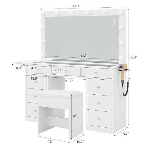 9 Drawers Vanity Desk, Makeup Vanity with Power Outlet, Vanity with 12 LED Lights and Mirror, 3 Lighting Modes, Brightness Adjustable, Fold-up Panel, Glass Top Dressring Table for Bedroom, White thumbnail 2