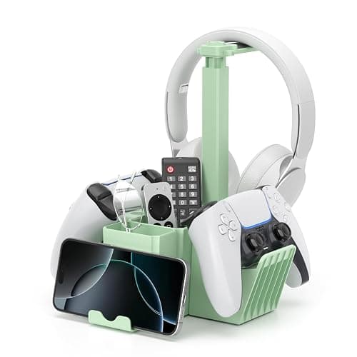 KDD Dual Controller Holder with Headphone Stand - Multi-Functional Desk Storage Box with Phone Holder - Universal Controller Stand with Desktop Organizer for Remote Control Pen Accessories(Green) - Image 1