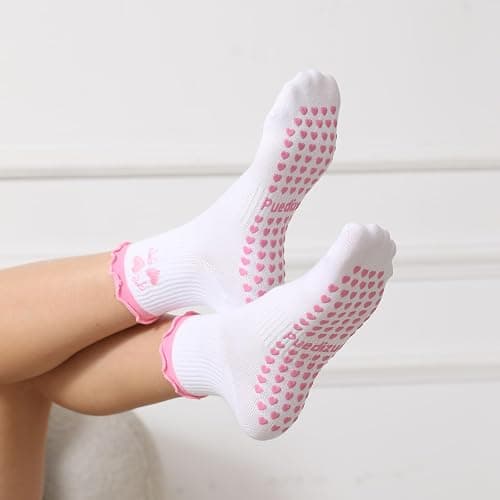 Puedizux Women Cute Pilates Socks Grip Crew Yoga Socks Ruffle Cuff Embroidery Pattern Workout Ballet Socks thumbnail 5