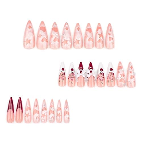 IMRAIN Long Press on Nails Stiletto Red French Tips Fake Nails Full Cover Glossy Acrylic Nails Press ons Cute Cherry & Bow Designs Glue Stick on False Nails for Women 24Pcs thumbnail 3