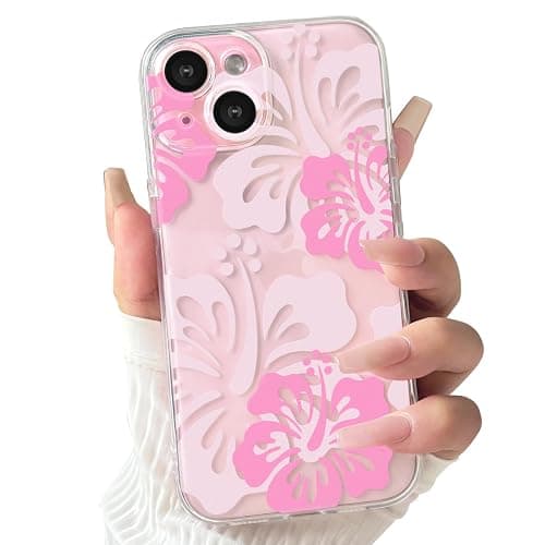 Lovmooful Compatible for iPhone 15 Case Cute Clear Hibiscus Flower Floral Aesthetic Printed Design for Girls Women Soft TPU Shockproof Protective Girly for iPhone 15-Big Pink Flower - Image 1