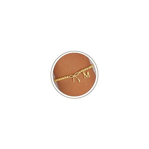 M MOOHAM Bow Initial Bracelets for Women Girls, Letter A-Z Beaded Bracelet | 14K Gold Plated, Bow Bracelets for Girls, Gold Bracelet, Beaded Initial Bracelet, Birthday Gift for Teen Girl Jewelry - Image 1