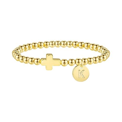 M MOOHAM Christmas Stocking Stuffers - Initial Bracelets for Women, Cross Bracelet for Womens Letter A-Z Cross Bracelet Gold Beaded Bracelets Dainty Small Jewelry, Religious Christian Gifts for Women - Image 1