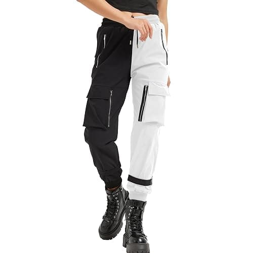 MEINVQIAOTI Black Cargo Pants Women Loose Chained Multi-Pocket Multi-Zip Punk Goth Pants - Image 1