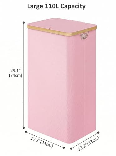 IEGrow Laundry Hamper with Lid,110L Laundry Basket with Mesh Bags,Pink | Dirty Clothes Hamper Basket with Bamboo Handle for Clothes Towels thumbnail 3