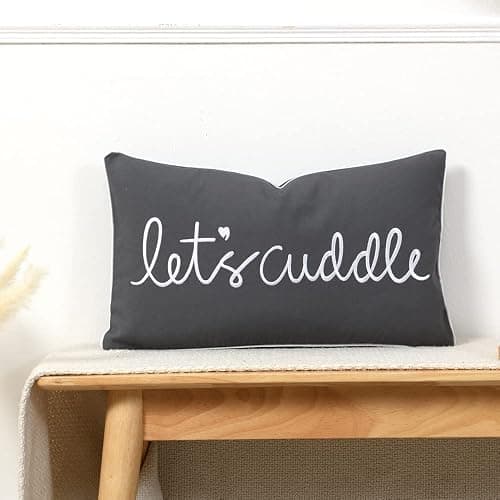 Sanmetex Decorative Lumbar Pillow Covers 12x20 Inches, Embroidery Soft Rectangluar Pillow Cover with Lets's Cuddle Saying for Bed, Bedroom, Dark Grey. thumbnail 6