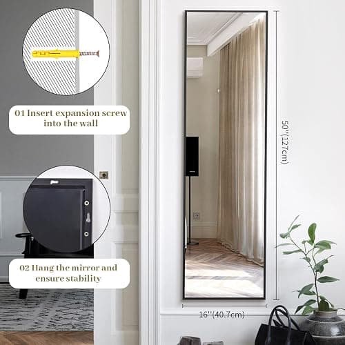 BEAUTYPEAK 16" x 50" Adjustable Height Over The Door Mirror, Full Length Hanging Door Mirror with Shatterproof Tempered Glass Aluminum Alloy Frame for Bedroom, Living Room, Bathroom, Dorm, Black thumbnail 7