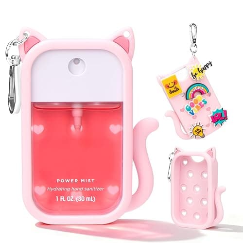Kivzex Cat Silicone Case for Touchland Hand Sanitizer Spray with Keychain, Compatible with Power Mist & Glow Mist 1 FL Oz/30ML for Touchland Case, with Charms Accessory Cute Travel Cover Sleeve Pink - Image 1