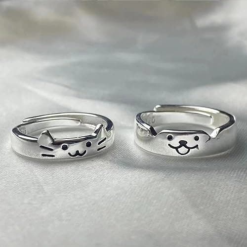 Uarein Cat Dog Couple Ring for Women Men Silver Animal Friendship Matching Ring Cute Puppy Kitten Statement Ring Minimalist Party Valentine's Day Jewelry Gift thumbnail 5