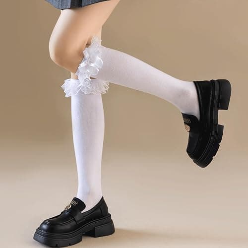 AMHRLINGTO Women's Lace Ruffle Frilly Ankle Socks - Girl Cotton Knee High Socks with Bow Lace Ruffle Trim thumbnail 6