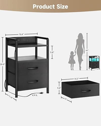 Lazzanto Night Stand Bedside Charger Bedroom - Nightstand with Charging Station & LED Light Strip, Night Stand with Storage Shelf & 2 Fabric Drawers, Morden End Table with U-S-B Ports & AC Outlets thumbnail 3