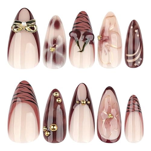 Cherry Press on Nails Almond Medium Fake Nails 3D Brown Flower False Nail Designs Leopard Print French Tip Artificial Nails Full Cover Handmade Acrylic Stick on Nail for Women 24 Pcs thumbnail 5