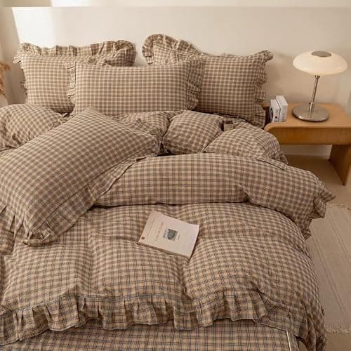 4pcs Plaid Duvet Cover Set Queen Size - 100% Washed Cotton Brown Checkered Gingham Bedding, Ultra Soft with Ruffle Edges, Includes 1 Duvet Cover, 1 Fitted Sheet with Bed Skirt, 2 Pillow Shams thumbnail 7