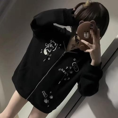 Wayolyn Kawaii Cute Cat Graphic Hoodie Y2k Zip Up Harajuku Clothes Oversized Pullover Sweatshirt Streetwear Jacket thumbnail 5