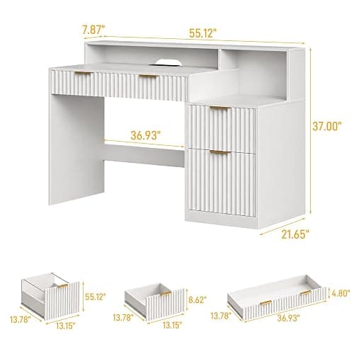 Vabches Fluted Computer Desk with Drawers, Home Office Desk with Power Outlets, Printer Stand and Storage Cabinet, Study Writing Desks with Long Monitor Stand, White thumbnail 2