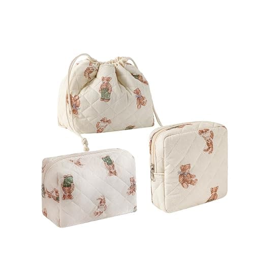 uekeboag 2 pcs Large Floral Quilted Makeup Bag Set for Women, Cotton Quilted Big Cosmetic Bag, Coquette Aesthetic Cute Travel Toiletry Bag - Image 1
