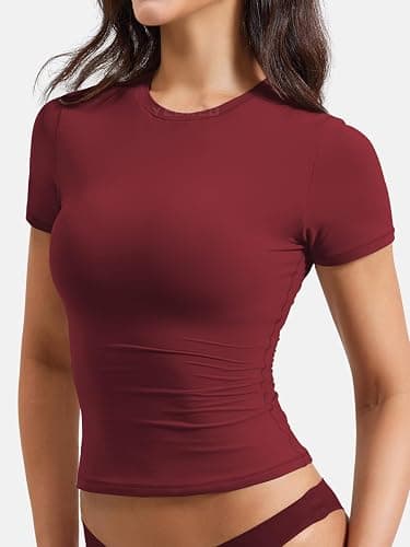 YEOREO Women's Double Lined Fitted Basic Tops Casual Short Sleeve Crew Neck T Shirt Sweeney Y2K Going Out Tee Tops thumbnail 2
