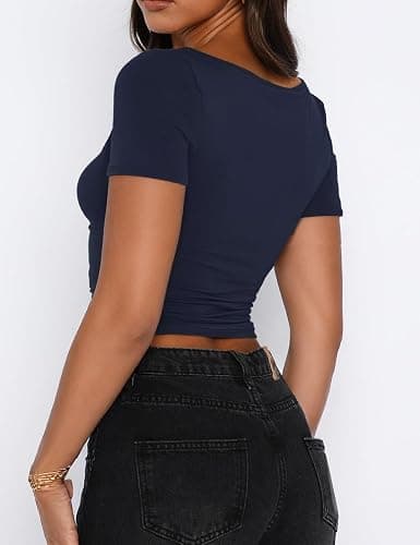 TiulZial Women's Short Sleeve Going Out Crop Top Sexy Pleated Cute Shirt Sweetheart Neck Y2K Ruched Cropped Tops thumbnail 4