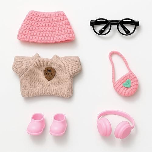 AERHENM 17cm Doll Clothes 6-Piece Outfit Set – Handmade Crochet Sweater, Hat, Bag, Shoes, Glasses & Headphones – Fashion Accessories for 5.91–6.7" Mini Dolls – Doll Not Included (Pink) thumbnail 3