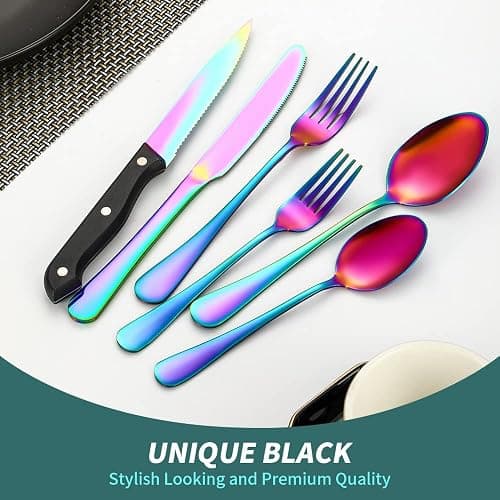 A · HOUSEWARE Rainbow Silverware Set For 4 Cutlery Stainless Steel Flatware 24 Piece Colorful Knives Fork Spoon Dishwasher Safe Eating Utensils For Festival Parties Restaurant thumbnail 9