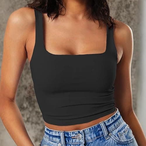 Artfish Women's Sleeveless Strappy Tank Square Neck Double Layer Workout Fitness Casual Basic Crop Tops thumbnail 8